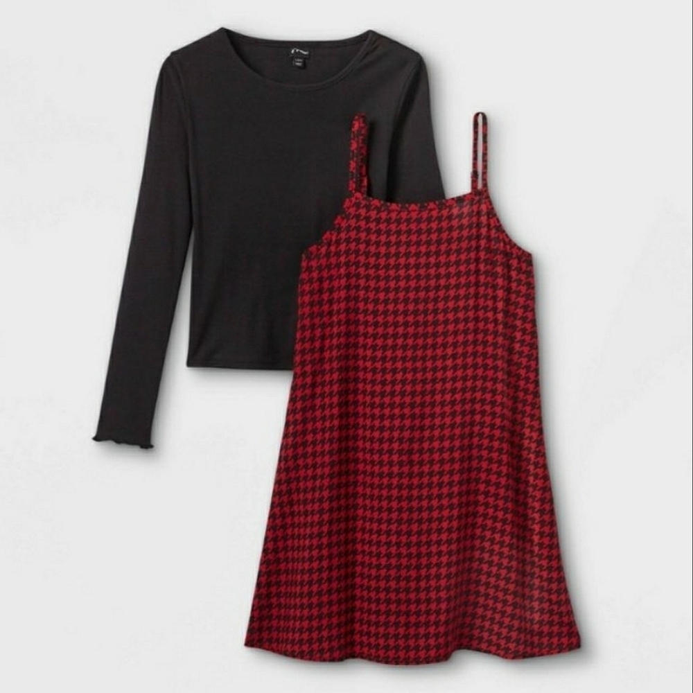 Art Class 2pc Red/BLK Houndstooth Slip Dress & Long Sleeve T-Shirt SZ  L 10/12
